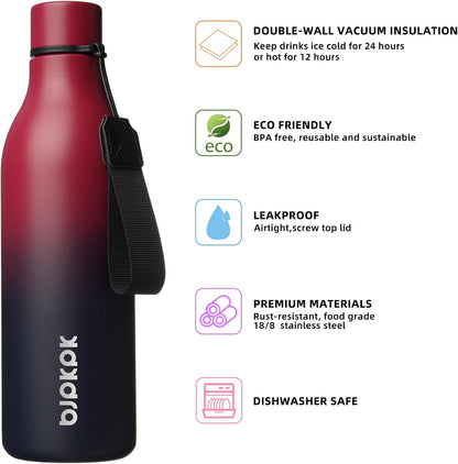 BJPKPK Insulated Water Bottles, 18 oz Stainless Steel Metal Water Bottle with Strap, BPA Free Leak Proof Jugs, Mugs, Flasks, Reusable Thermal Flasks for Sports & Travel, Black - Colors A