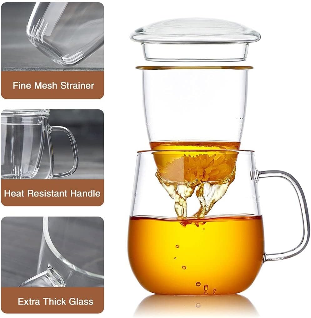 DOPUDO Glass Tea Cup with Infuser and Lid, 17.6oz/520ml Large Borosilicate Teacup,Tea Glass, Clear Mug for Loose Leaf Tea, Blooming Tea, Microwave & Dishwasher Safe - Tea Maker Gift for Birthday.