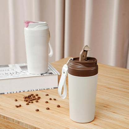 16oz Ceramic Travel Mug with Lid- 100% Real Ceramic Liner (No Coating), Heat-Resistant Outer Wall, Leak-Proof Lid with Detachable Strap, Fits Car Cup Holder