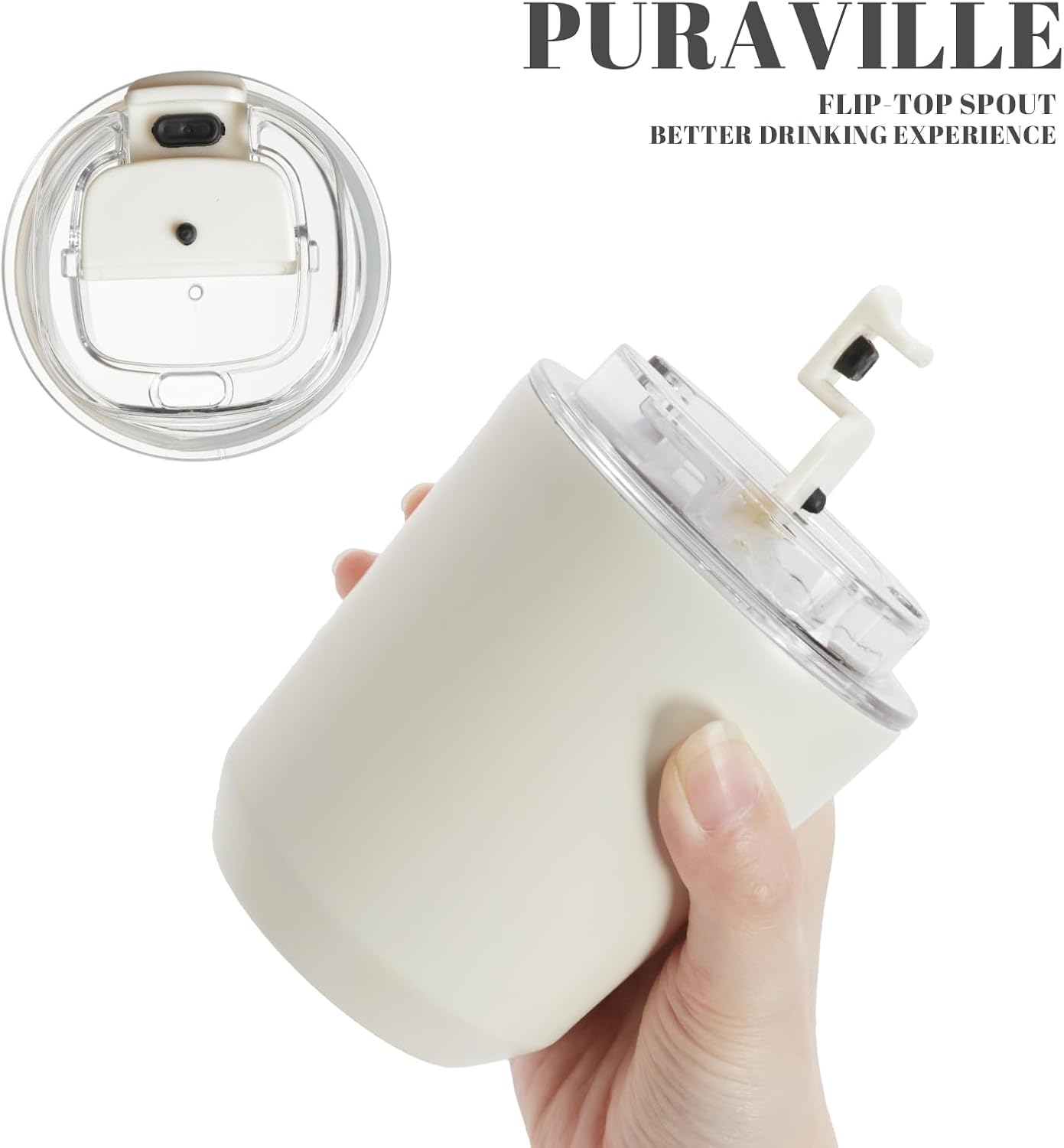 Puraville Insulated Tumblers with Lid, 14 oz Travel Coffee Mug Stainless Steel Vacuum Cup, Leak Proof Reusable Double Walled Coffee Tumbler for Iced and Hot Drinks, Cream