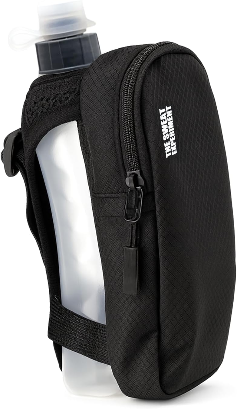 Handheld Running Water Bottle with Large Phone Holder – 12oz Grip-Free Hydration Flask with Pocket for Cards & Keys – Adjustable Strap for Walking, Running, Hiking