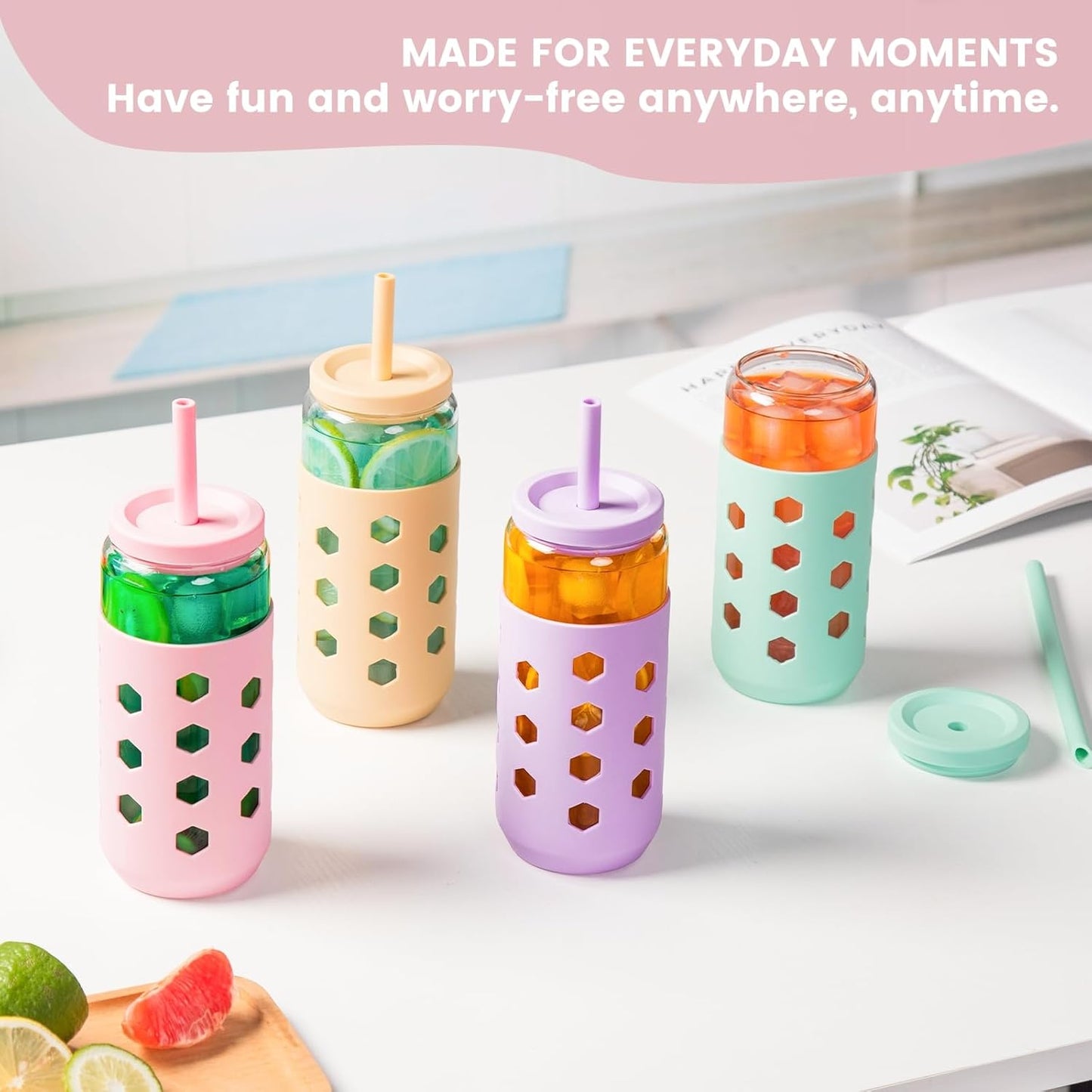 Mrsdry Glass Cups with Lids and Straws (4 Pcs), 16oz Drinking Glasses Set with Silicone Sleeves for Coffee Bar Accessories Iced Coffee Cups with Lids, Glass Tumbler Reusable for Gifts