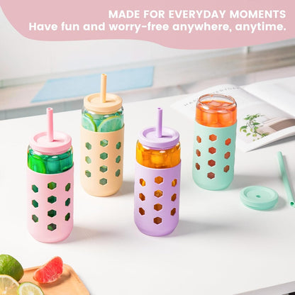 Mrsdry Glass Cups with Lids and Straws (4 Pcs), 16oz Drinking Glasses Set with Silicone Sleeves for Coffee Bar Accessories Iced Coffee Cups with Lids, Glass Tumbler Reusable for Gifts