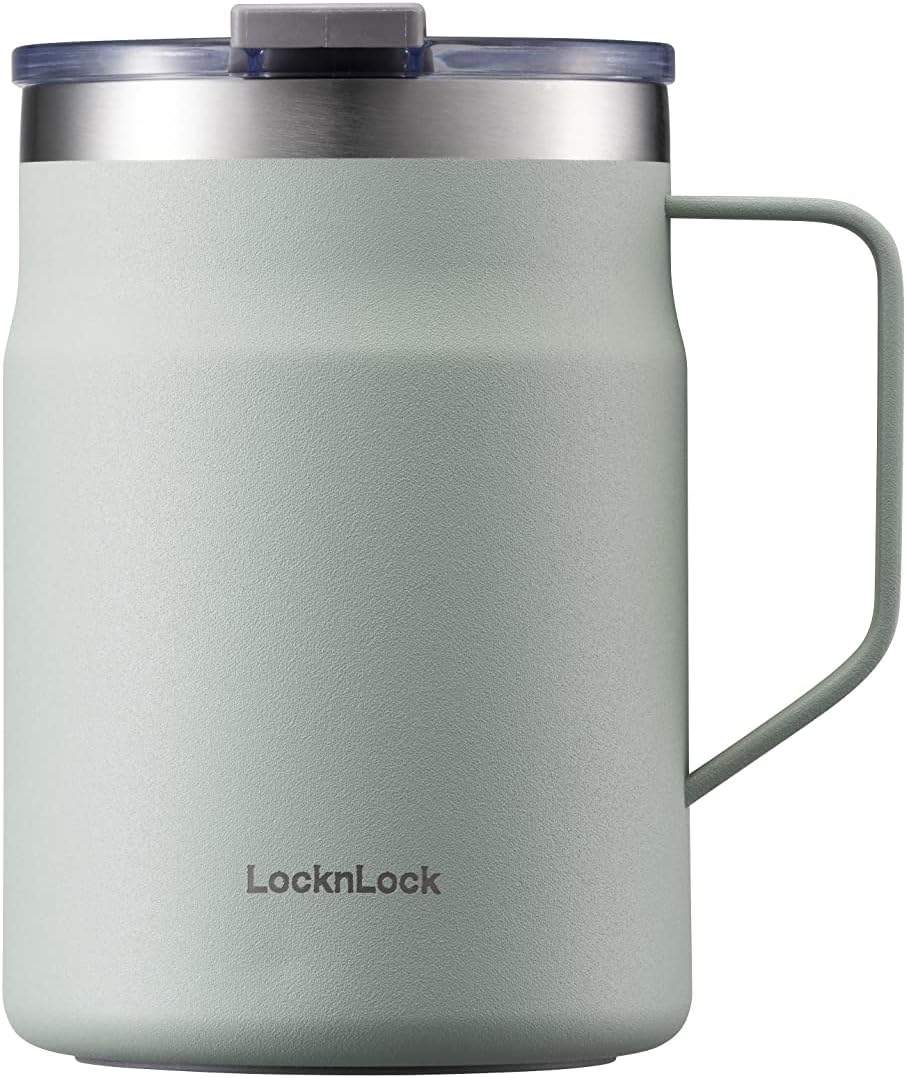 LocknLock Metro Mug Premium 18/8 Stainless Steel Double Wall Insulated with Handle Perfect for table with Lid, Black, 16 oz