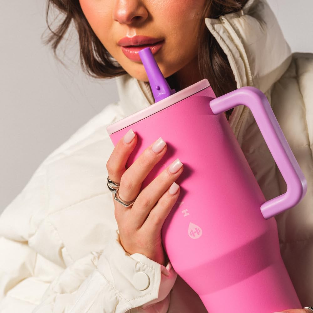 HydroJug Traveler - 40 oz Water Bottle with Handle & Flip Straw - Fits in Cup Holder, Leak Resistant Tumbler-Reusable Insulated Stainless Steel & Rubber Base - Gifts for Women & Men, Light Blue