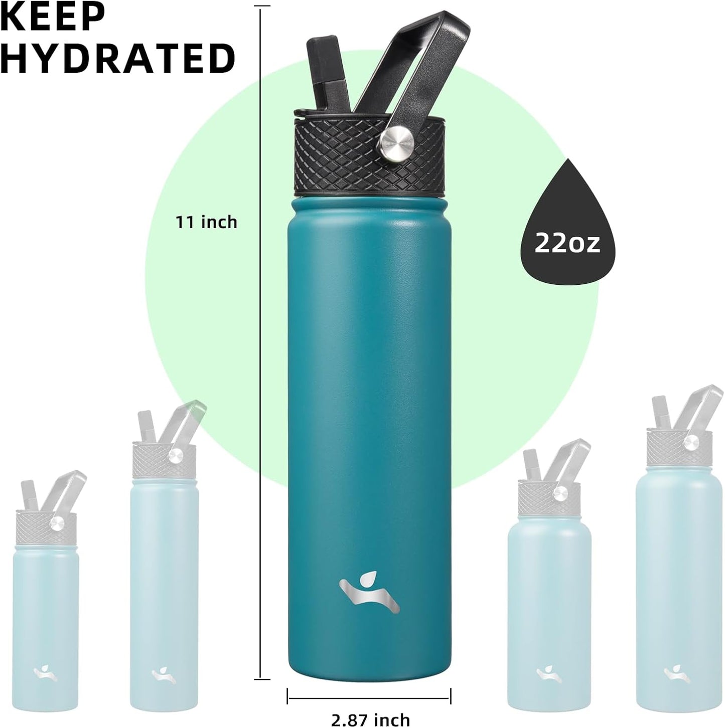 Konokyo 22oz Stainless Steel Bottles with 3 Lids Sport Insulated Water Bottle,Mint