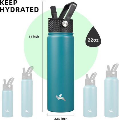 Konokyo 22oz Stainless Steel Bottles with 3 Lids Sport Insulated Water Bottle,Mint