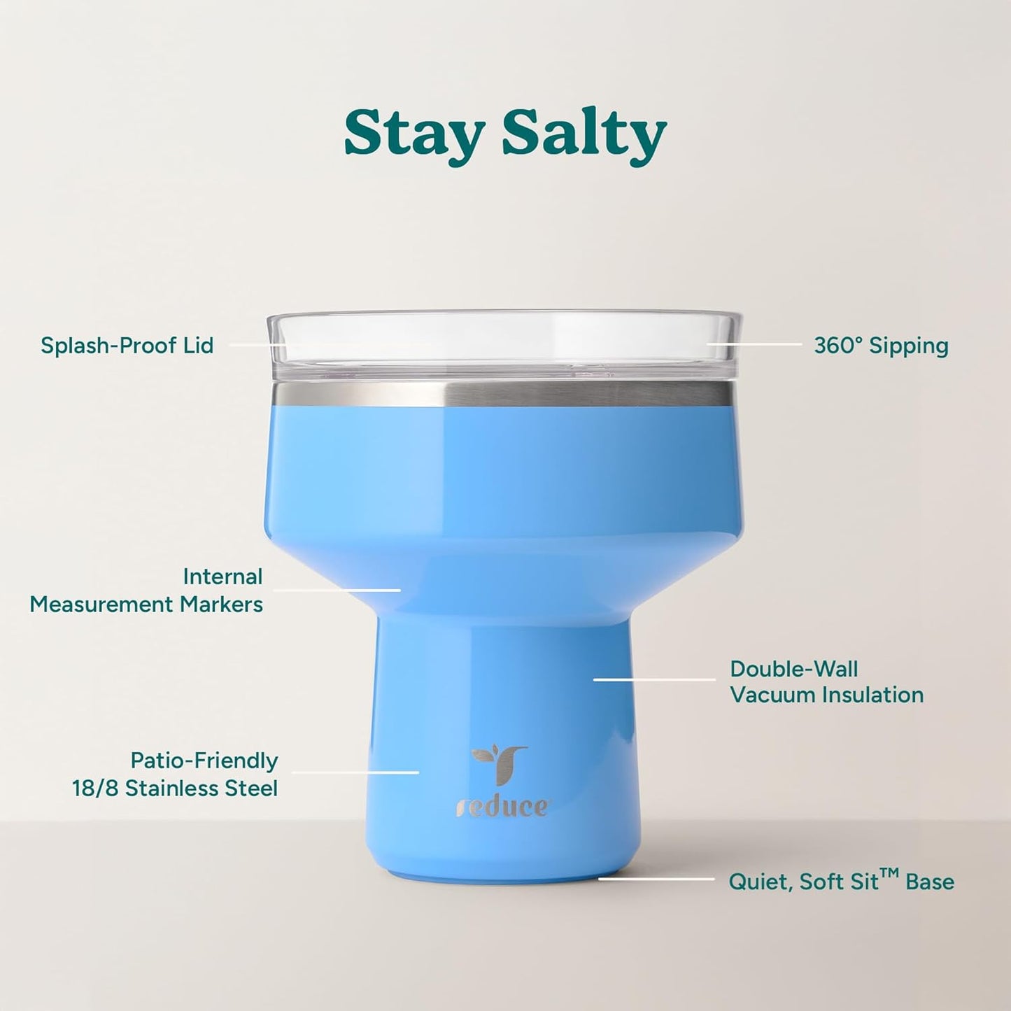 REDUCE Saltini 16 oz Cocktail Tumbler - Insulated Margarita Tumbler with Lid - Keeps Drinks Cold for 10 Hours - 360 Sippable Martini Glass Alternative - Shatterproof, Perfect for Parties - Cloud Blue