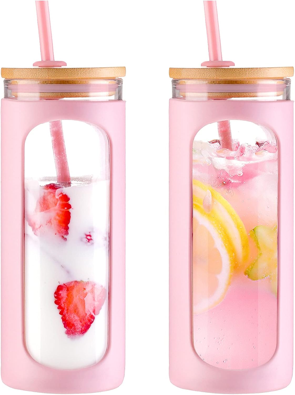 Kodrine 20oz Glass Water Tumbler with Straw and Lid, Bamboo Lids Water Bottle, Iced Coffee Cup Reusable, Wide Mouth Smoothie Cups with Protective Silicone Sleeve BPA FREE-Black - Colors A
