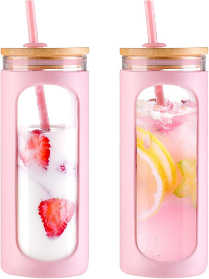 Kodrine 20oz Glass Water Tumbler with Straw and Lid, Bamboo Lids Water Bottle, Iced Coffee Cup Reusable, Wide Mouth Smoothie Cups with Protective Silicone Sleeve BPA FREE-Black - Colors A
