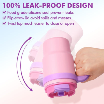 Fimibuke 16oz Kids Insulated Tumbler with Handle & Straws - 2 Pack BPA FREE 18/8 Stainless Steel Toddler Cups with Sip/Swig 2-in-1 Lids, Leak Proof Kid Drinking Cup Travel Mugs for Children Boys Girls