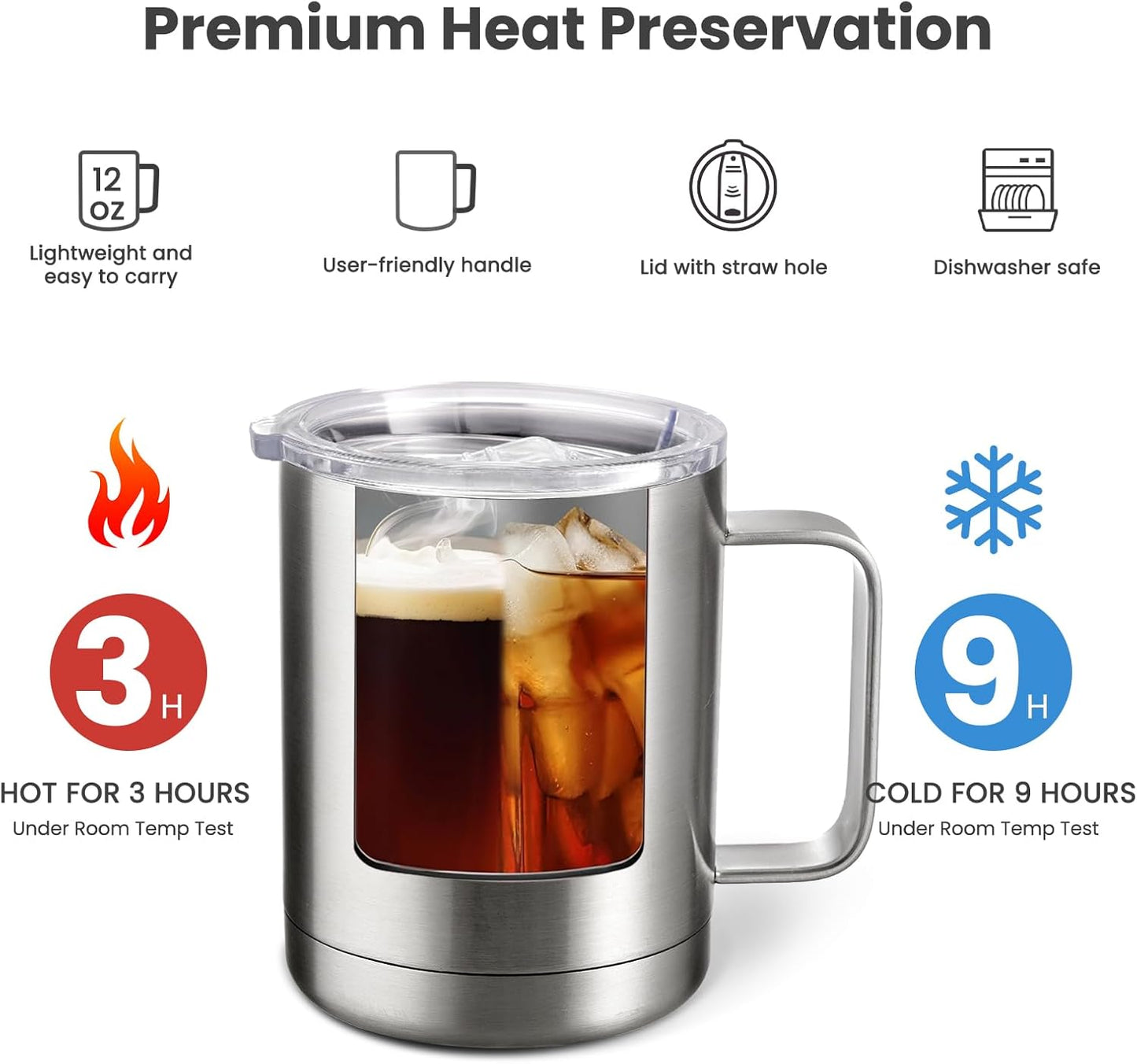 MEWAY 12oz Coffee Mug With Handle and Sliding Lid,Stainless Steel Travel Tumbler Cup with Handle,Double Wall Vacuum Insulated Camping Cup for Hot & Cold Drinks Tea (Black,Set of 1