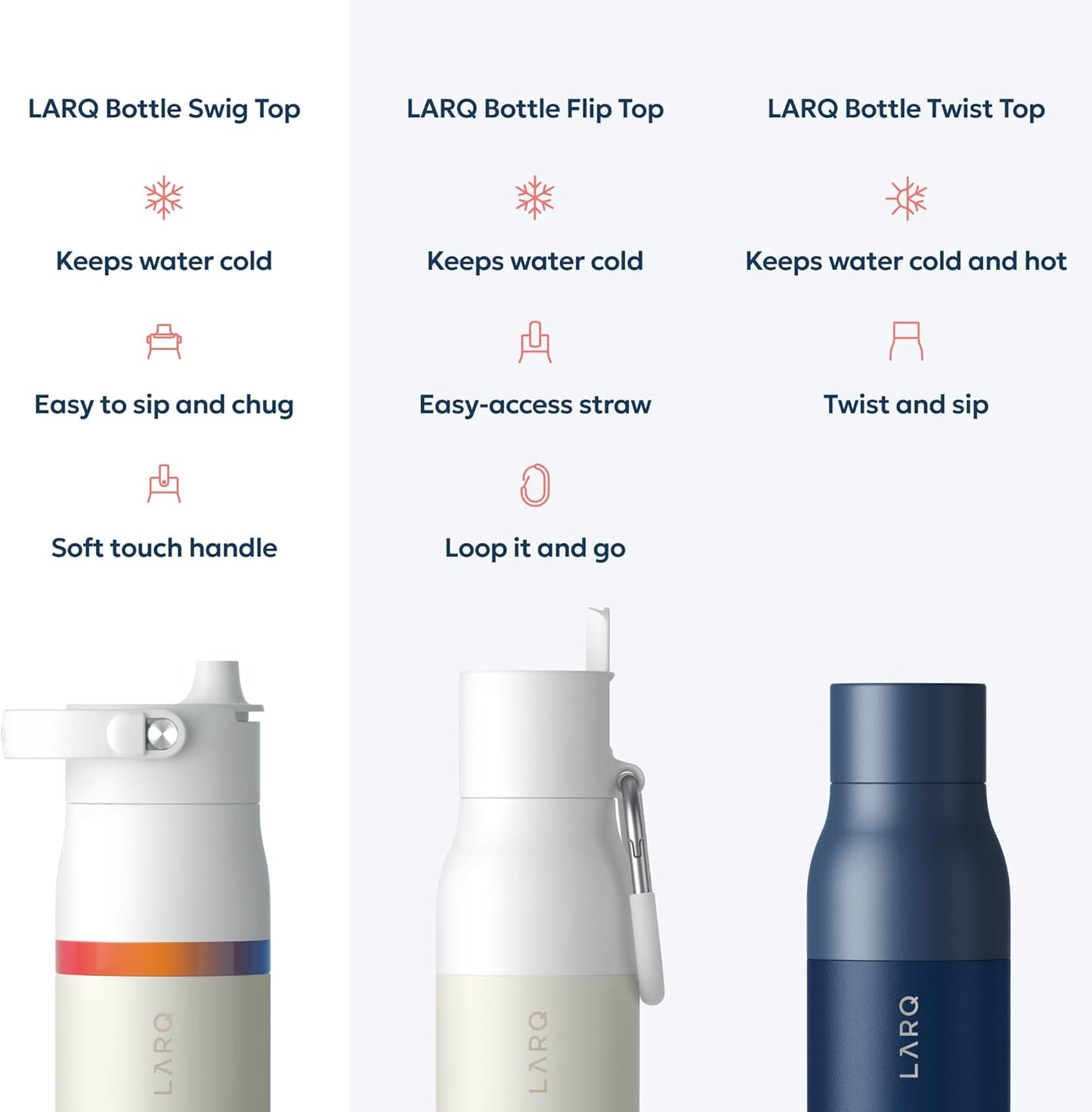 LARQ Swig Top — Insulated Stainless Steel Water Bottle with Straw, Detachable Silicone Handle, Vacuum 24h Cold, BPA-Free Metal Bottle for Gym, Travel, Office, Wide Mouth for Ice — 23 oz, Mojave Dune