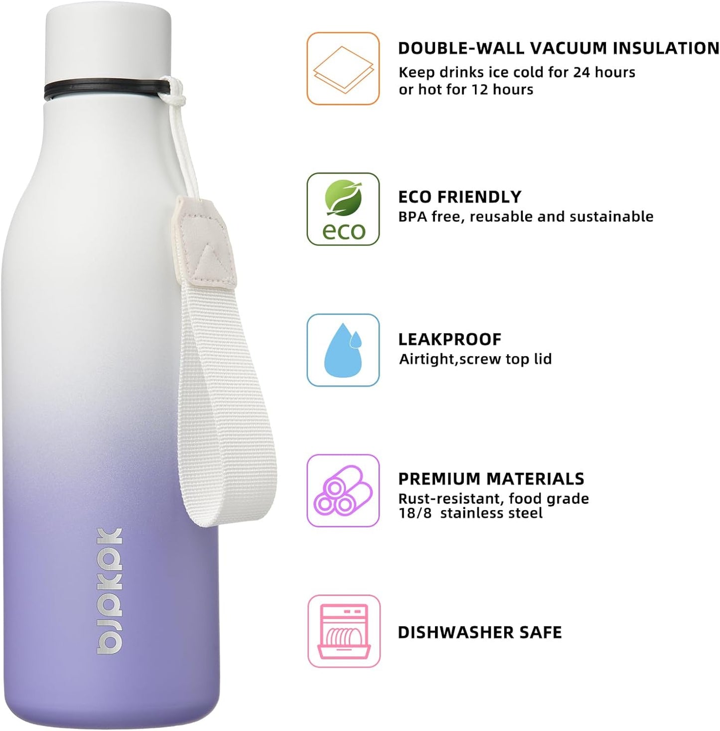 BJPKPK Insulated Water Bottles, 18 oz Stainless Steel Metal Water Bottle with Strap, BPA Free Leak Proof Jugs, Mugs, Flasks, Reusable Thermal Flasks for Sports & Travel, Black - Colors A