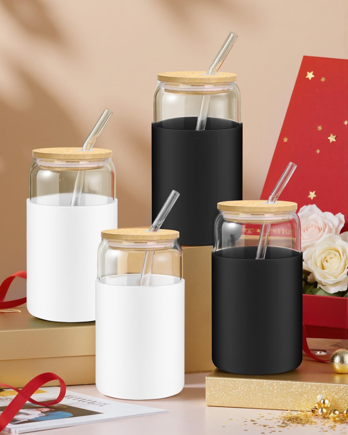 sungwoo 4PCS Glass Cups with Bamboo Lids and Straws, 16OZ Ice Coffee Cup, Drinking Cup set with Wooden Lids, Home Essential Glass Tumblers for Beer, Cocktail, Tea and Latte Clear