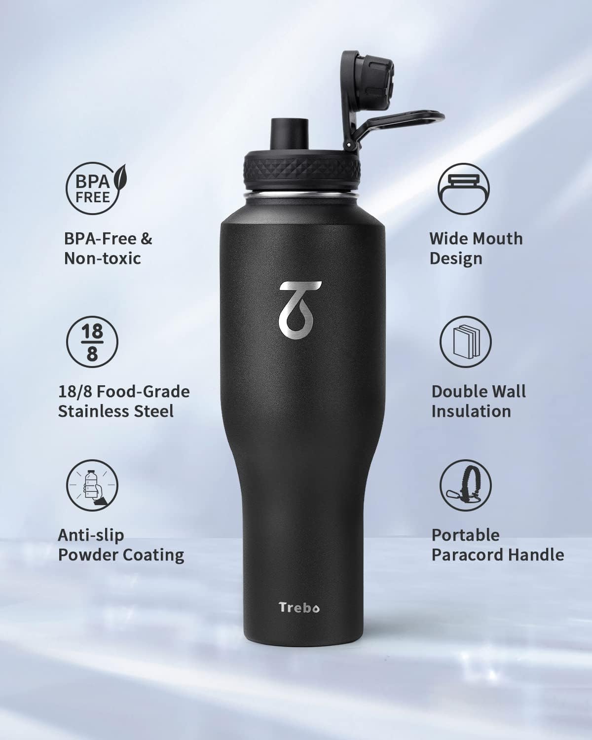 Trebo 40 oz Water Bottle Insulated Fit Car Cup Holder with Handle, Stainless Steel Water Bottles Tumbler with Spout Straw Lids, Double Wall Travel Reusable Flask, Leakproof Mug,Keep Cold &Hot,Black