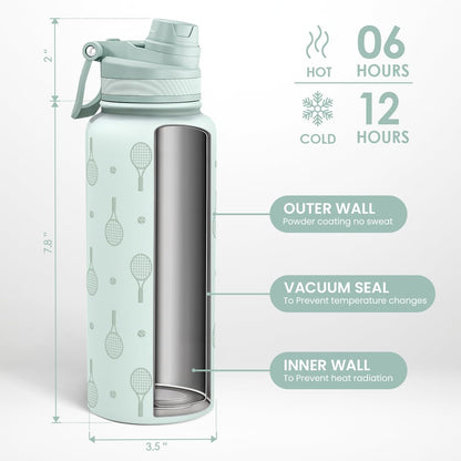 SANDJEST Pickleball Stainless Steel Water Bottle with Strap 32oz, Insulated Bottles with Straw and Spout Lid for Gym Sports Travel Outdoor, Gifts for Women Girls Birthday Christmas