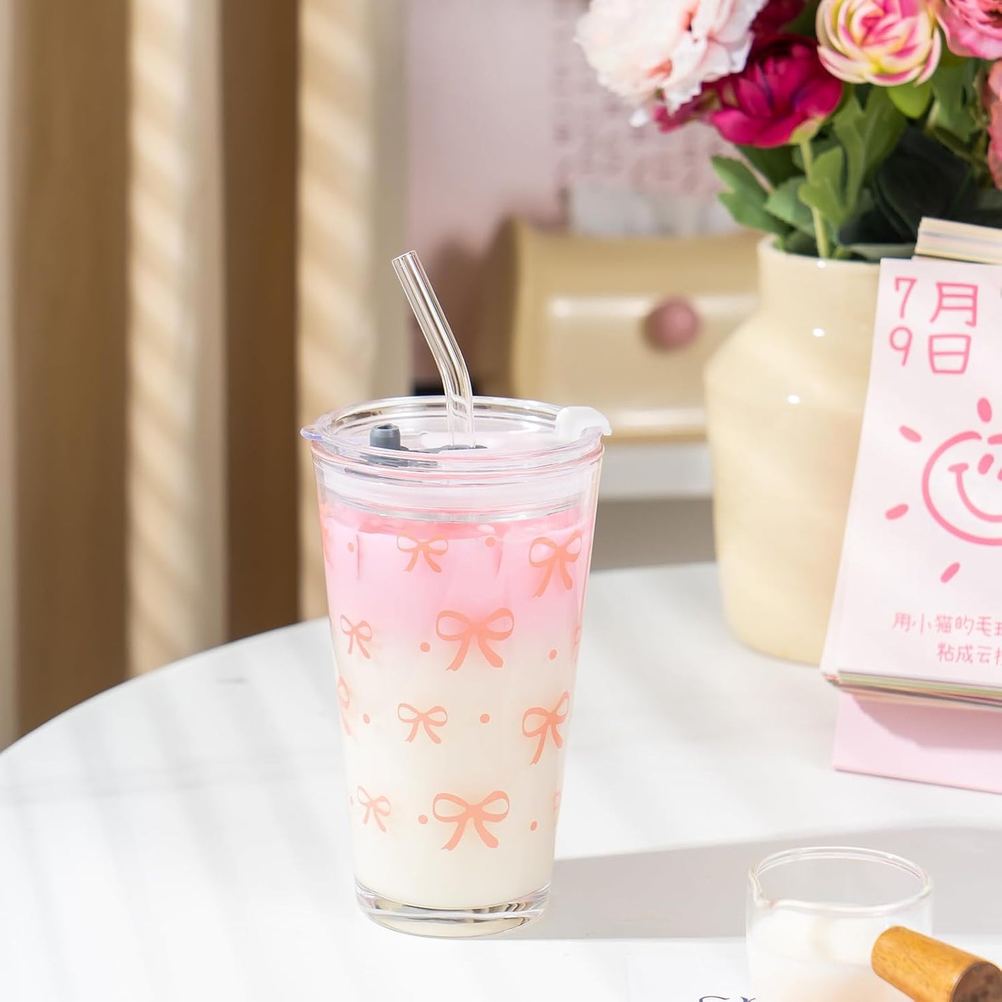 Olvini 15oz Glass Tumbler with Straw and Lid, Cute Iced Coffee Cups, Aesthetic Glass Cups, Coffee Tumbler, Water Cup, Matcha Cup, Drinking Glasses (Clear)