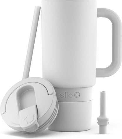 Ello Port 40oz Tumbler with Carry Loop & Integrated Handle, Vacuum Insulated Stainless Steel Reusable Water Bottle, Travel Mug with Leak Proof Lid & Straw, Perfect for Iced Coffee & Tea, White