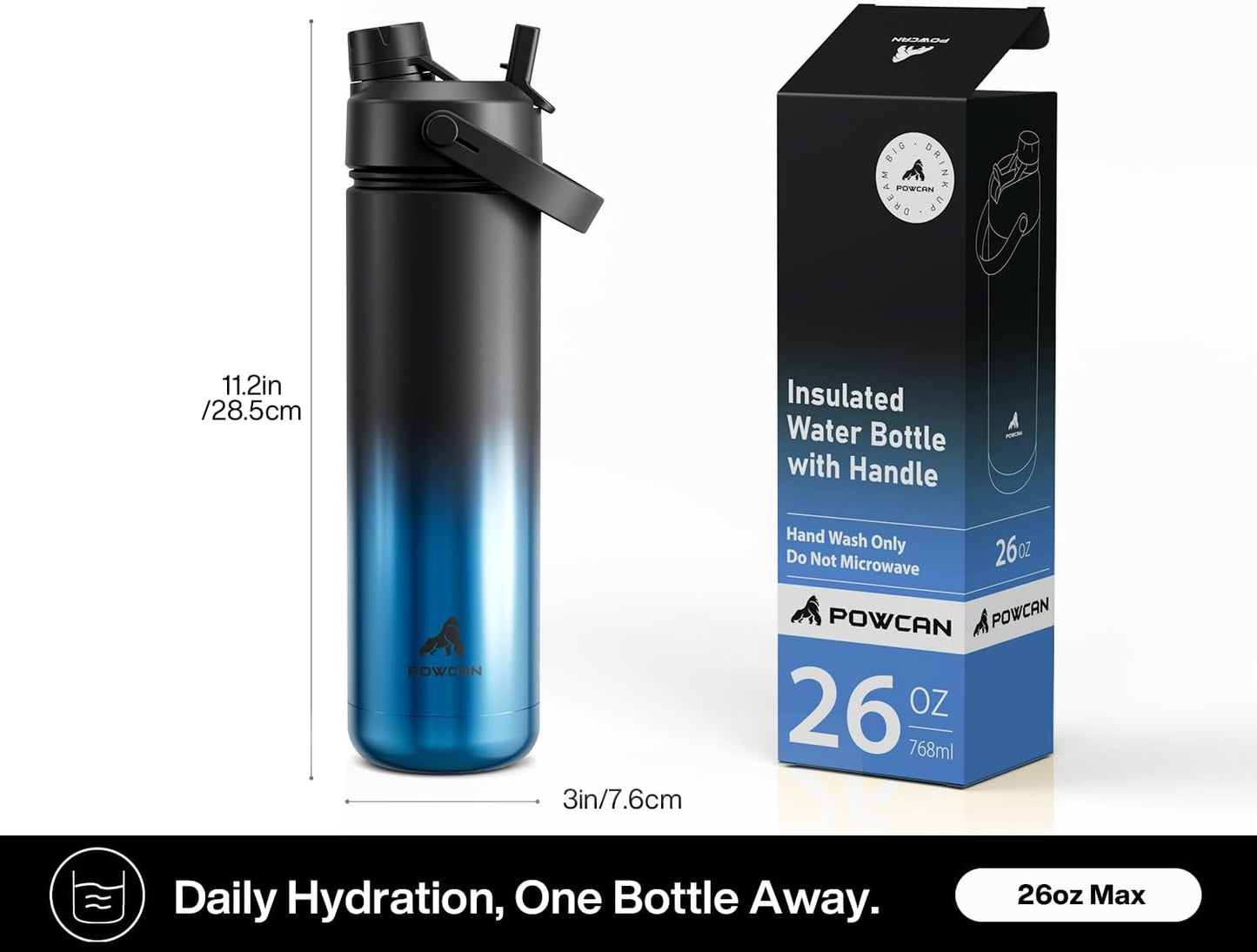 POWCAN 26 oz Insulated Water Bottle with 2-in-1 Straw and Spout Lid, Keep Cold 24H, Leak-Proof, Fits in Car Cup Holder, Stainless Steel Water Bottle for Sports, Travel, and School (Mint)