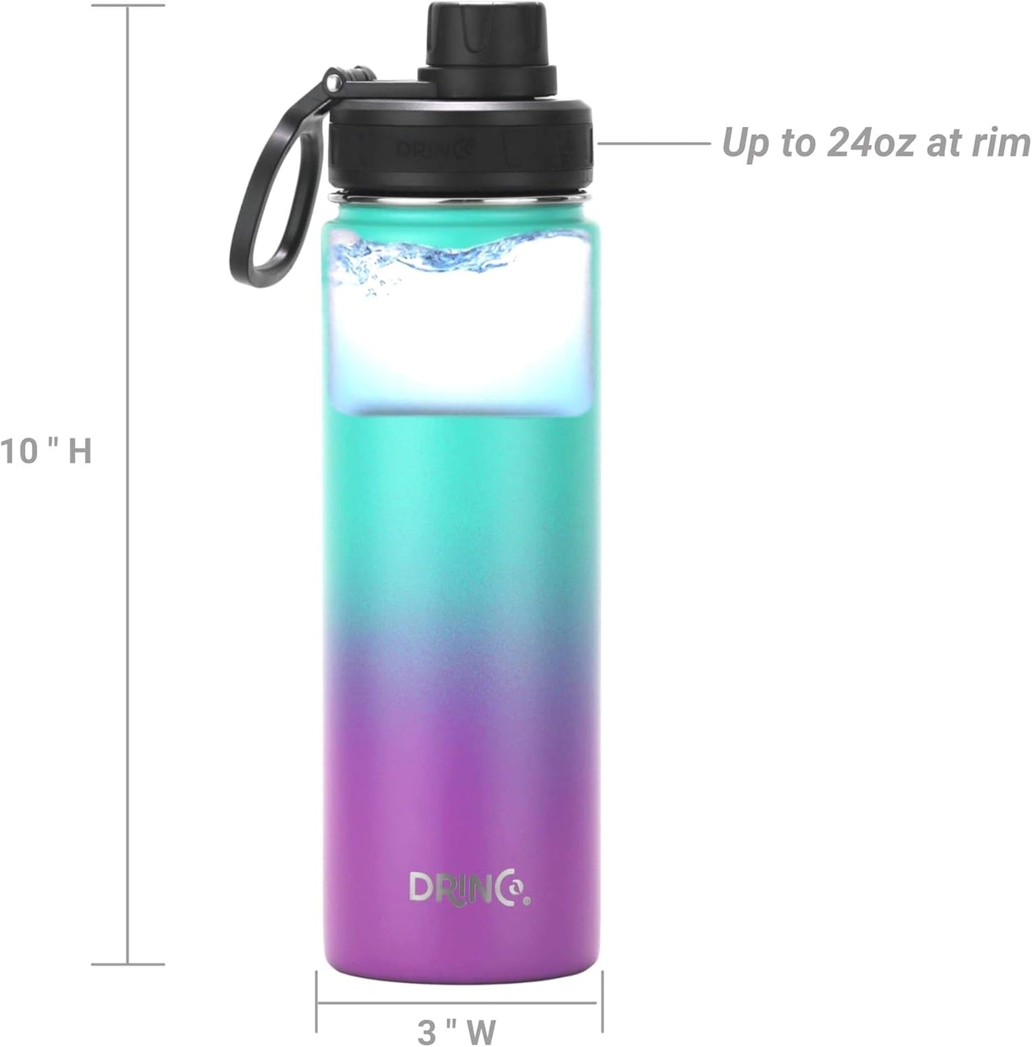 Drinco Stainless Steel Water Bottle Spout Lid Vacuum Insulated Double Wall Water Bottle Wide Mouth (40oz 32oz 22oz 18oz 14oz) Leak Proof Keep Cold Sport Camping Hiking (22 oz, 22oz Black)
