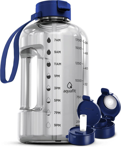 AQUAFIT 64 oz Water Bottle with Time Marker - Straw & Chug Lid - BPA Free Half Gallon Gym Water Bottle with Handle - Big Gallon Jug (Gray, 64 Ounces)
