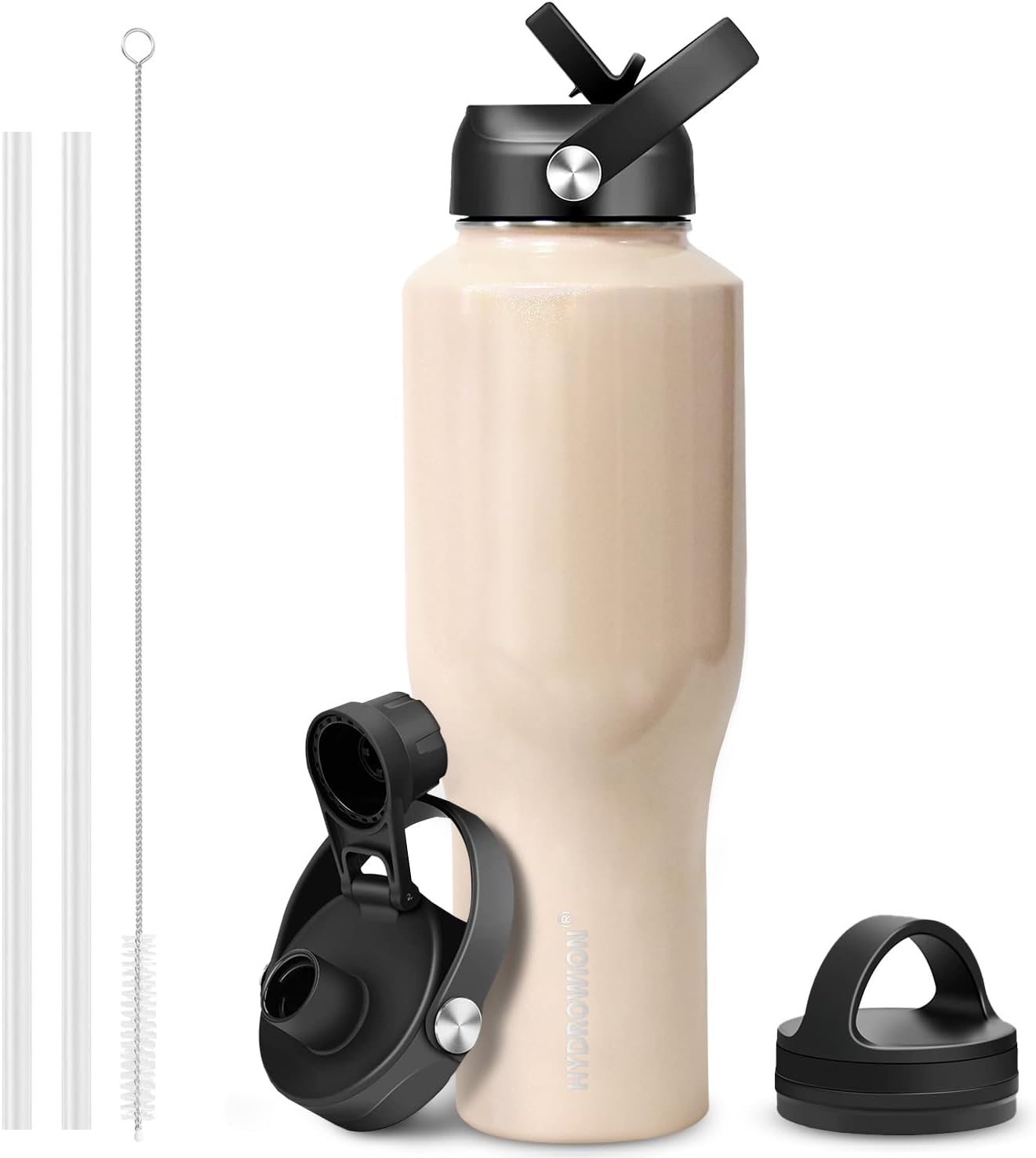 HYDROWION 32oz Stainless Steel Water Bottle(Cold for 48 Hrs, Hot for 24 Hrs),Double Wall Vacuum Insulated Water Bottle with Straw Lid, Spout Lid and Flex Cap, Fit in Any Car Cup Holder,Black