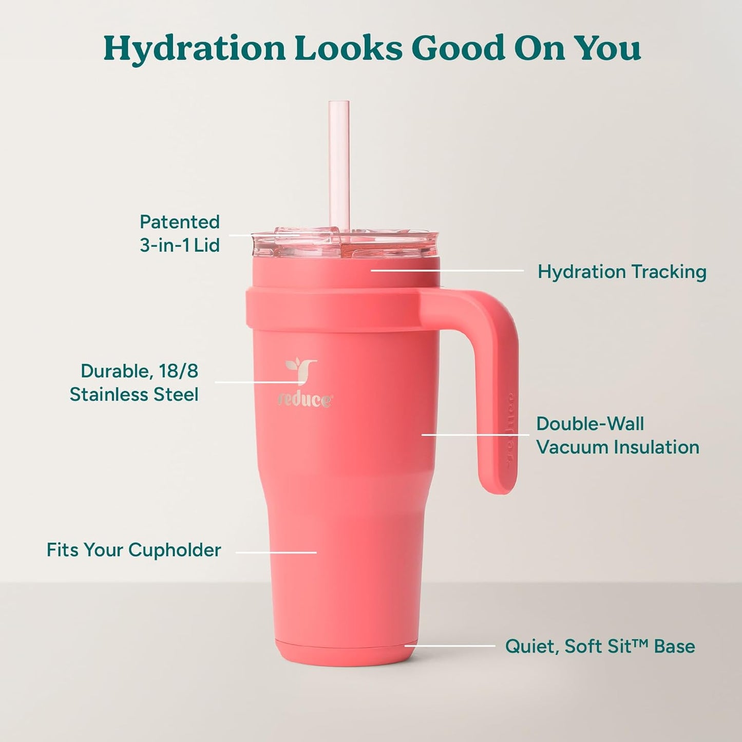 REDUCE 24 oz Stainless Steel Tumbler with Handle - Dual-Wall Vacuum Insulated Travel Mug, Sweat-Proof Lid & Reusable Straw - Keeps Drinks Cold for 24 Hrs, Fits Cupholders, Dishwasher Safe - Lilac Bud