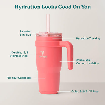 REDUCE 24 oz Stainless Steel Tumbler with Handle - Dual-Wall Vacuum Insulated Travel Mug, Sweat-Proof Lid & Reusable Straw - Keeps Drinks Cold for 24 Hrs, Fits Cupholders, Dishwasher Safe - Lilac Bud
