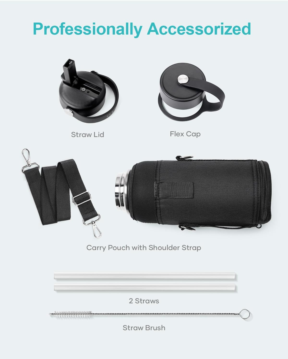 BUZIO 40oz Insulated Water Bottle, Triple Wall Vacuum Stainless Steel Water Flask with 2 lids, Lead-Free BPA-Free Straw Lid Sports Canteen Jug, Cold 48H & Hot 24H- Black - Colors B