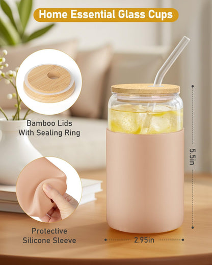 sungwoo 4PCS Glass Cups with Bamboo Lids and Straws, 16OZ Ice Coffee Cup, Drinking Cup set with Wooden Lids, Home Essential Glass Tumblers for Beer, Cocktail, Tea and Latte Clear