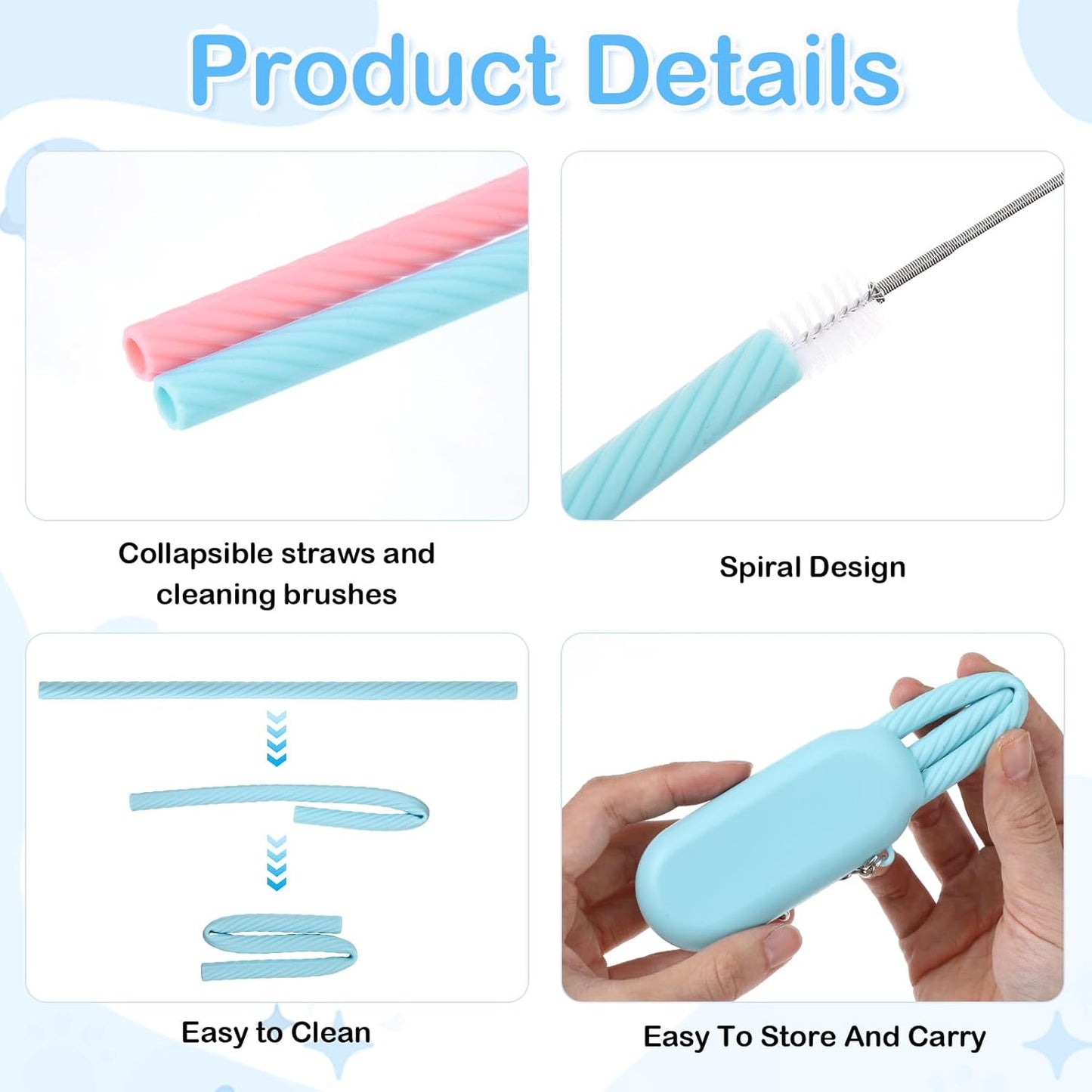 4 Set Portable Straw,Reusable Straws Silicone with Case Silicone Portable Drinking travel Straw Set for Party Travel Cold or Hot with 4 Cleaning Brushes (Purple,Pink,Green, Blue）