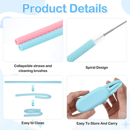 4 Set Portable Straw,Reusable Straws Silicone with Case Silicone Portable Drinking travel Straw Set for Party Travel Cold or Hot with 4 Cleaning Brushes (Purple,Pink,Green, Blue）