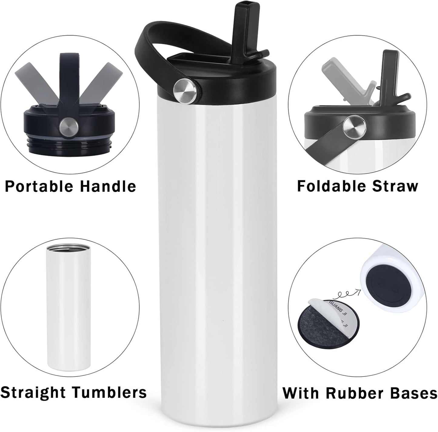 8 Pack Sublimation Tumbler Bulk 20oz Skinny Straight, Sublimation Sport Water Bottles, Double Wall Stainless Steel Cups with Portable Handle, Individually Boxed