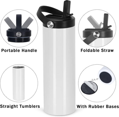 8 Pack Sublimation Tumbler Bulk 20oz Skinny Straight, Sublimation Sport Water Bottles, Double Wall Stainless Steel Cups with Portable Handle, Individually Boxed