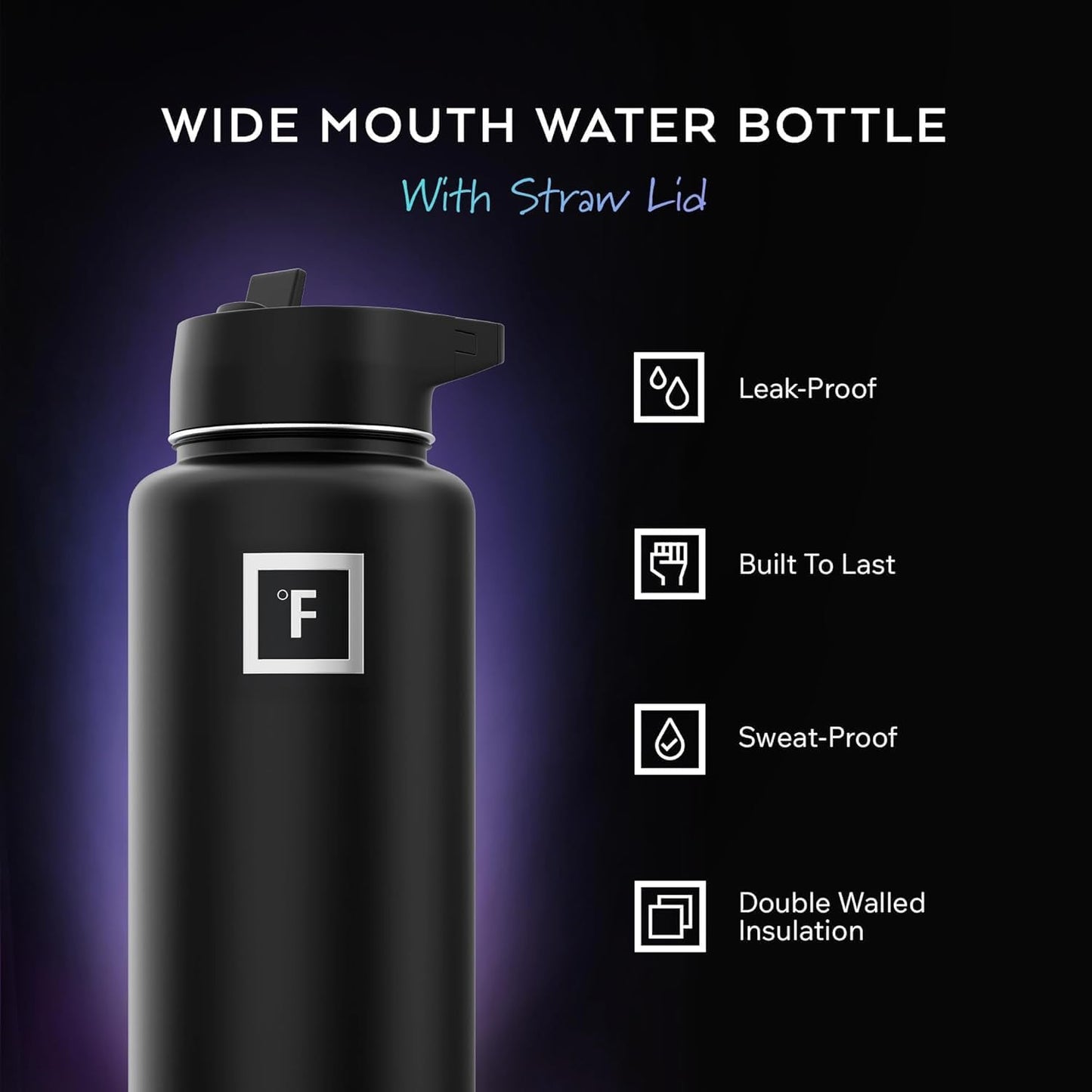 IRON °FLASK Camping & Hiking Hydration Flask with Straw, Wide Mouth Insulated Stainless Steel Sports Water Bottle - 22 oz Aurora