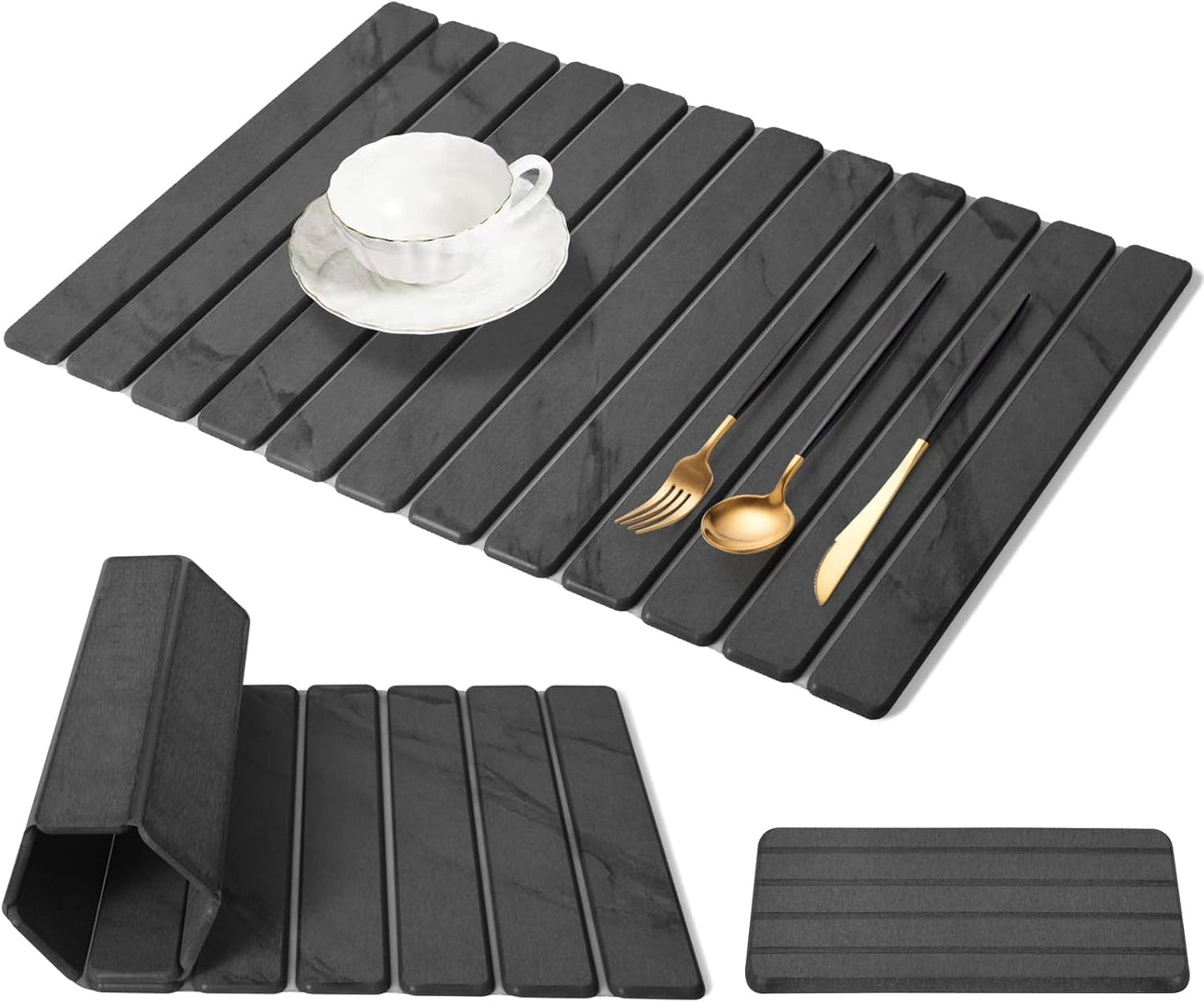 Extra Large Stone Dish Drying Mat for Kitchen Counter, Foldable Quick Dry Dish Drying Mats, Absorbent Diatomaceous Earth Stone Drying Mats for Plate Rack Bottles Cups (Gray Marble 28"×16" & 8"x4")