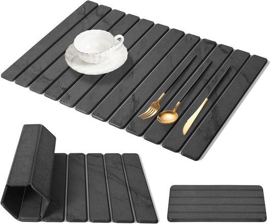 Extra Large Stone Dish Drying Mat for Kitchen Counter, Foldable Quick Dry Dish Drying Mats, Absorbent Diatomaceous Earth Stone Drying Mats for Plate Rack Bottles Cups (Gray Marble 28"×16" & 8"x4")