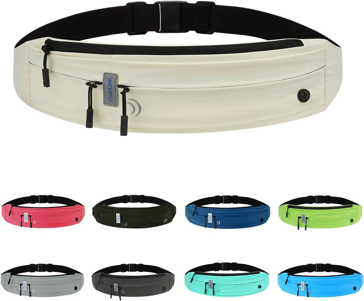WATERFLY Running Belt Fanny Pack: Runner Marathon Jogging Waist Pack Sport Workout Exercise Fitness Phone Holder Belt for Men Women Jogger Slim Waist Bag Black