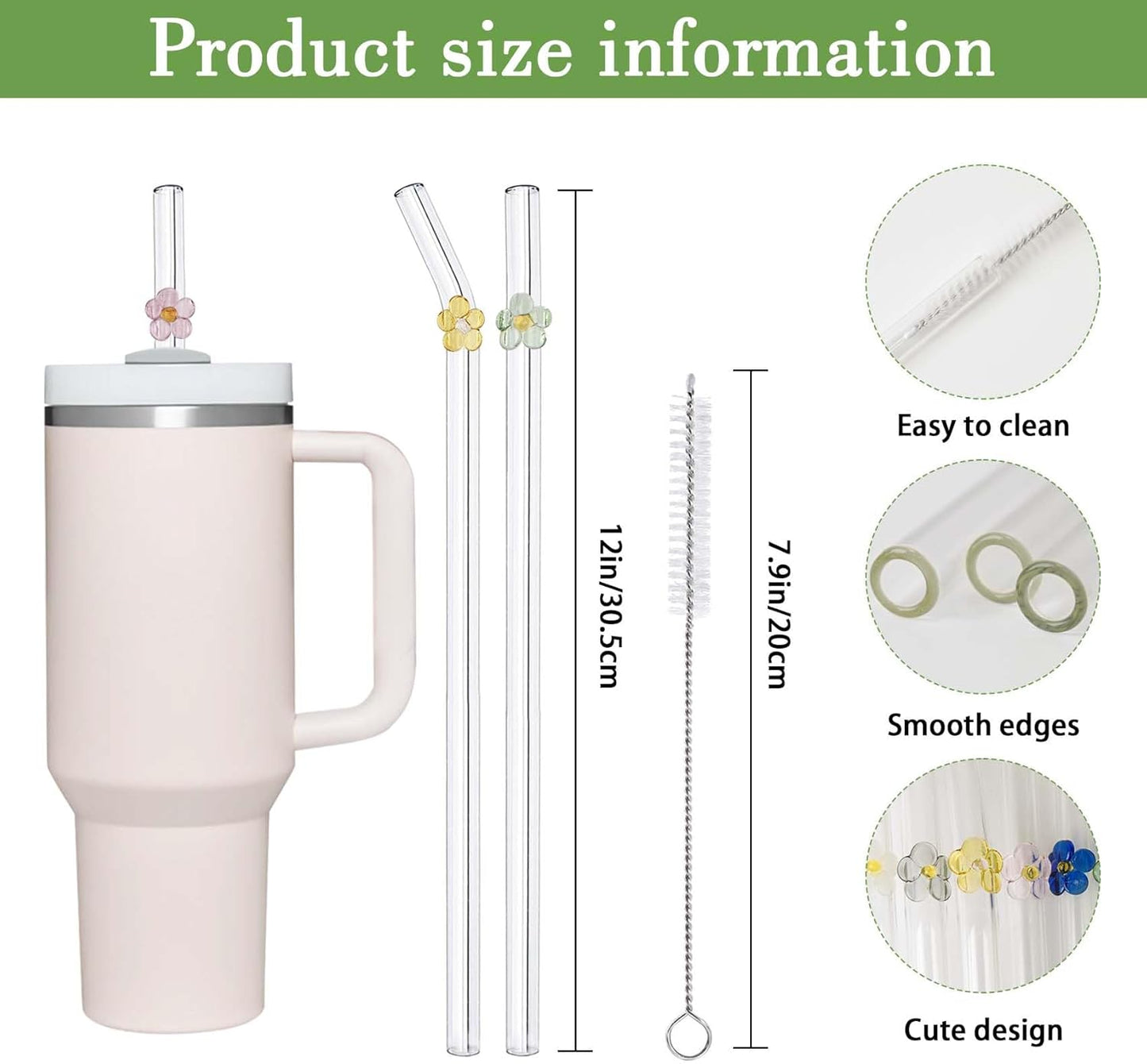 6 Pack Replacement Glass Straws for Stanley 40 oz 30 oz Tumbler, Reusable Cute Flower Glass Straws, Stanley Straw with Cleaning Brush Stanley Cup Accessories, 12 inches