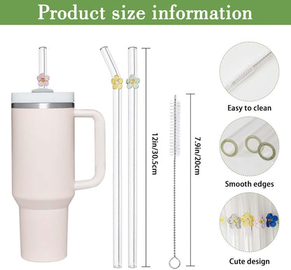 6 Pack Replacement Glass Straws for Stanley 40 oz 30 oz Tumbler, Reusable Cute Flower Glass Straws, Stanley Straw with Cleaning Brush Stanley Cup Accessories, 12 inches