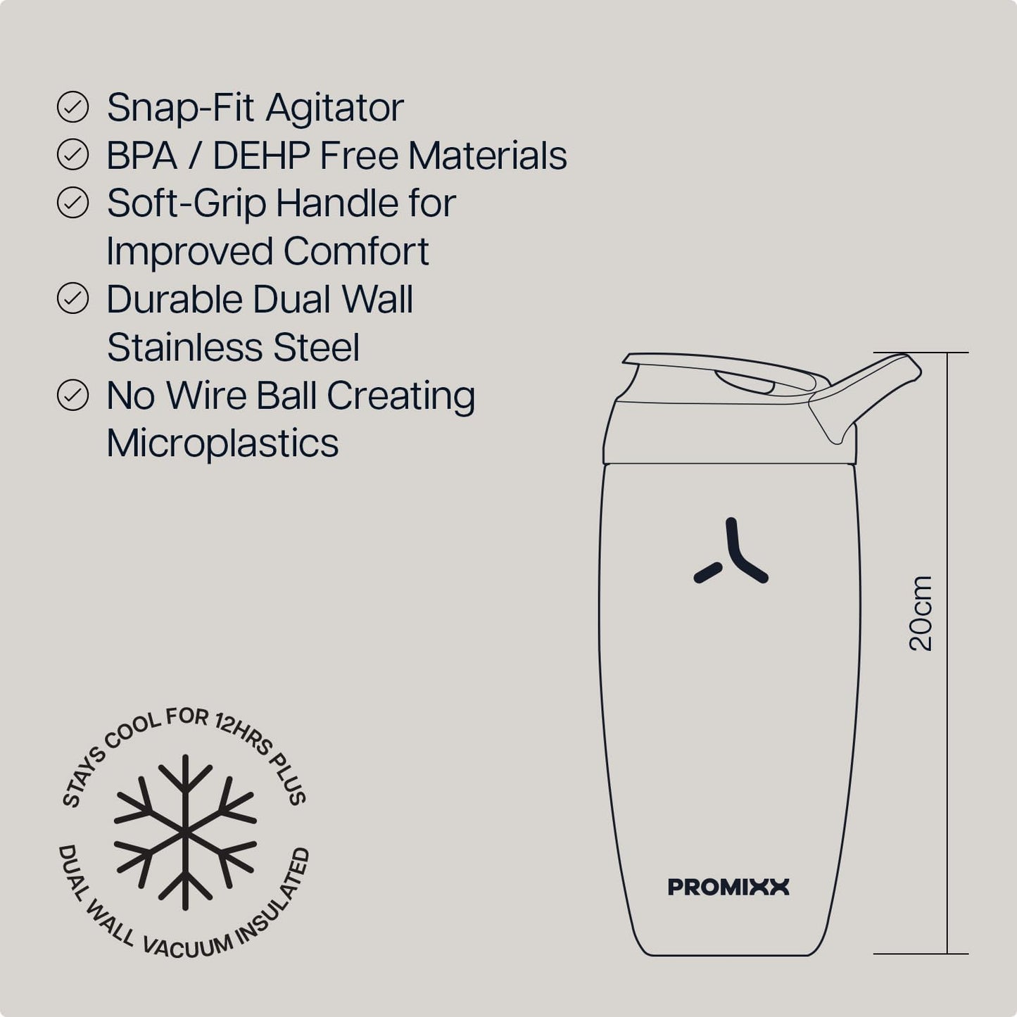 Promixx Pursuit Insulated Shaker Bottle – 18oz Double-Wall Stainless Steel Protein Mixer with Snap-Fit Agitator for Smooth Ice-Cold Shakes – Leak-Proof Gym Shaker Cup for Fitness – Midnight Blue