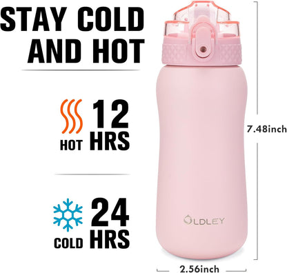 Oldley Insulated Water Bottle 20oz for Adults Kids Stainless Steel Water Bottles with Straw/Chug/Carabiner 3 Lids Fruit Strainer Double Wall Vacuum Wide Mouth BPA Free Leak-Proof for School Travel