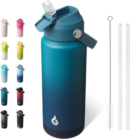 BJPKPK Insulated Water Bottle with Straw Lid, 18oz Thermo Water Bottles with Soft Nozzle, Flex Handle & Non-slip Boot, BPA Free Leak Proof Stainless Steel Metal Thermo, Tumblers, Cups,Sea Salt