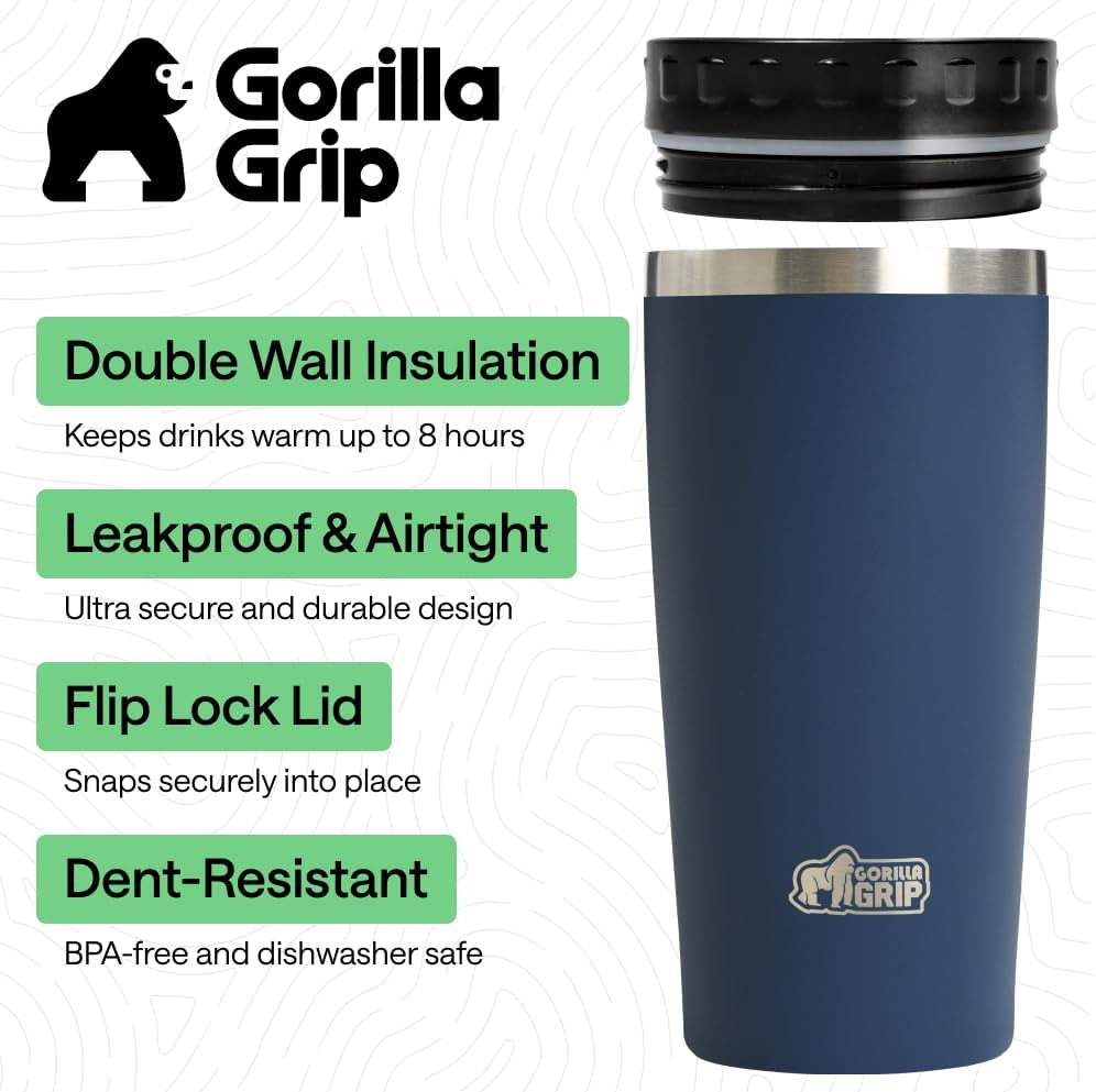 GORILLA GRIP 304 Stainless Steel Double Insulated Travel Coffee Mug, Leakproof Lid with Smooth Sip Top, Prevent Spills, Dent & Rust Resistant Reusable Tumbler Cup, Thermal Mugs for Drinks, 20oz, Black