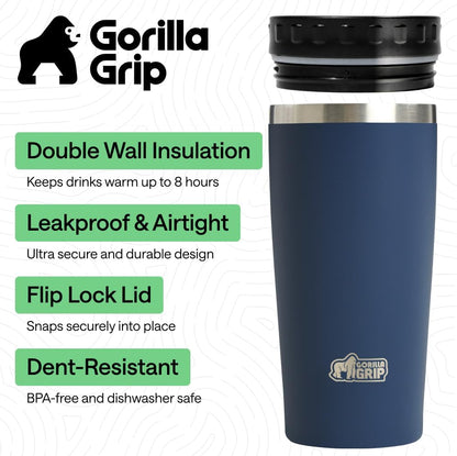 GORILLA GRIP 304 Stainless Steel Double Insulated Travel Coffee Mug, Leakproof Lid with Smooth Sip Top, Prevent Spills, Dent & Rust Resistant Reusable Tumbler Cup, Thermal Mugs for Drinks, 20oz, Black