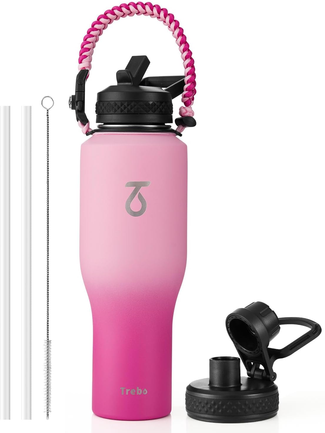 Trebo 40 oz Water Bottle Insulated Fit Car Cup Holder with Handle, Stainless Steel Water Bottles Tumbler with Spout Straw Lids, Double Wall Travel Reusable Flask, Leakproof Mug,Keep Cold &Hot,Black