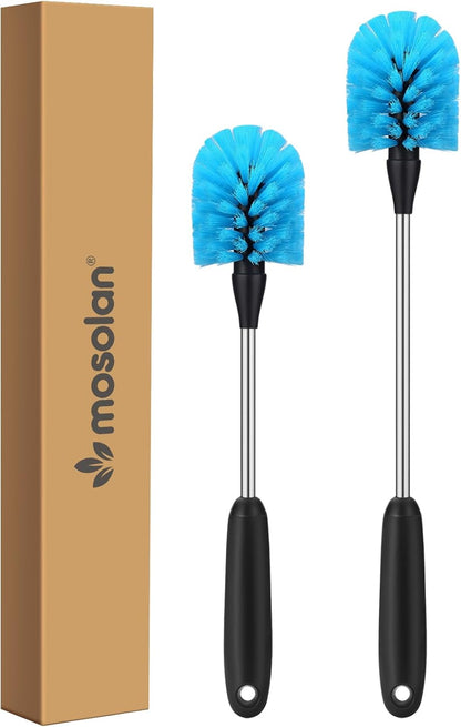 MOSOLAN Stainless Steel Water Bottle Brush, Long Handle Scrubbing Brush, Built for Cleaning Sport Bottles, Baby Bottles, Cups, Coffee Mugs, Glasswares, Wine Decanters, Flask, 2 Pack, 15 in