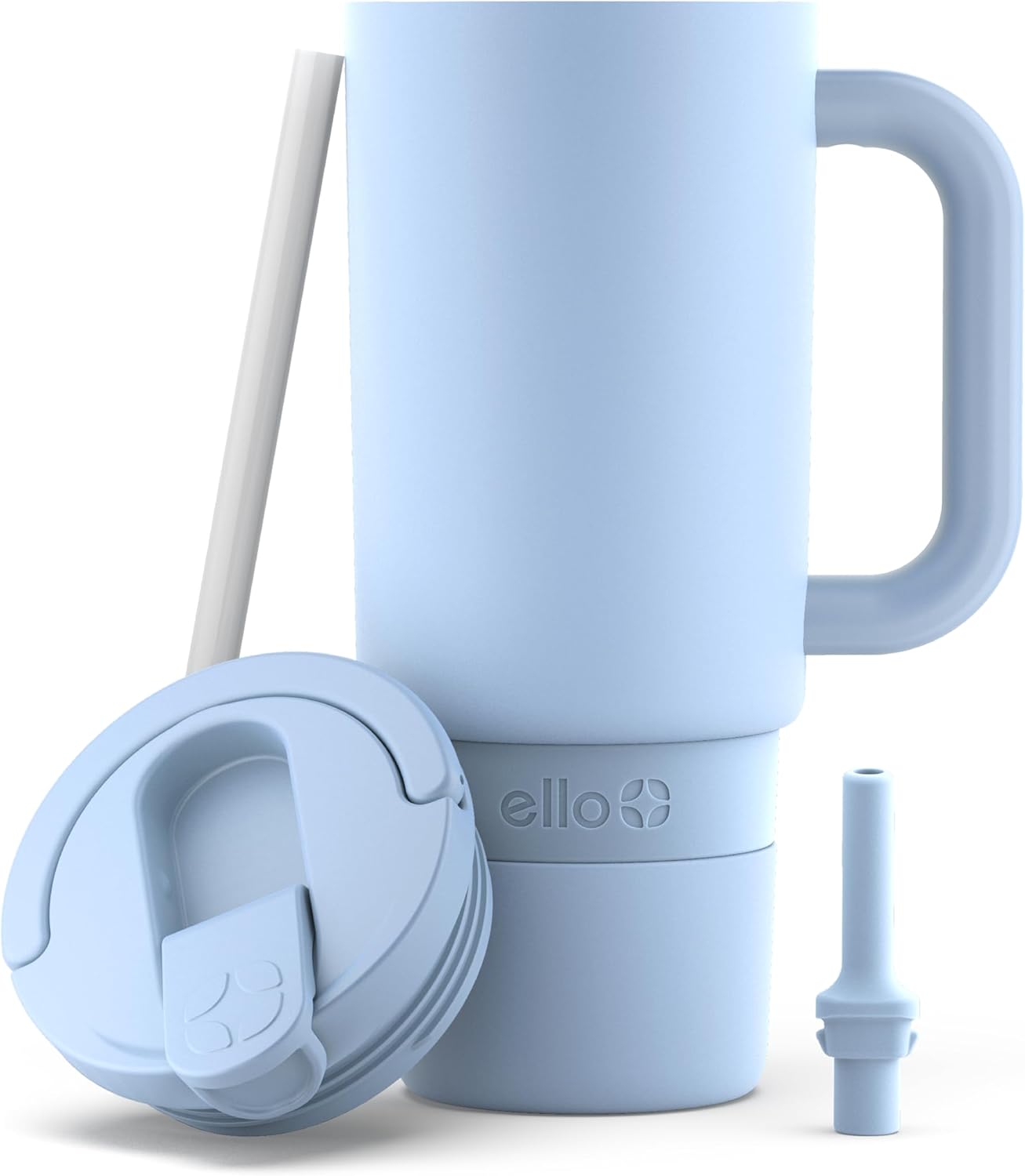 Ello Port 40oz Tumbler with Carry Loop & Integrated Handle, Vacuum Insulated Stainless Steel Reusable Water Bottle, Travel Mug with Leak Proof Lid & Straw, Perfect for Iced Coffee & Tea, White