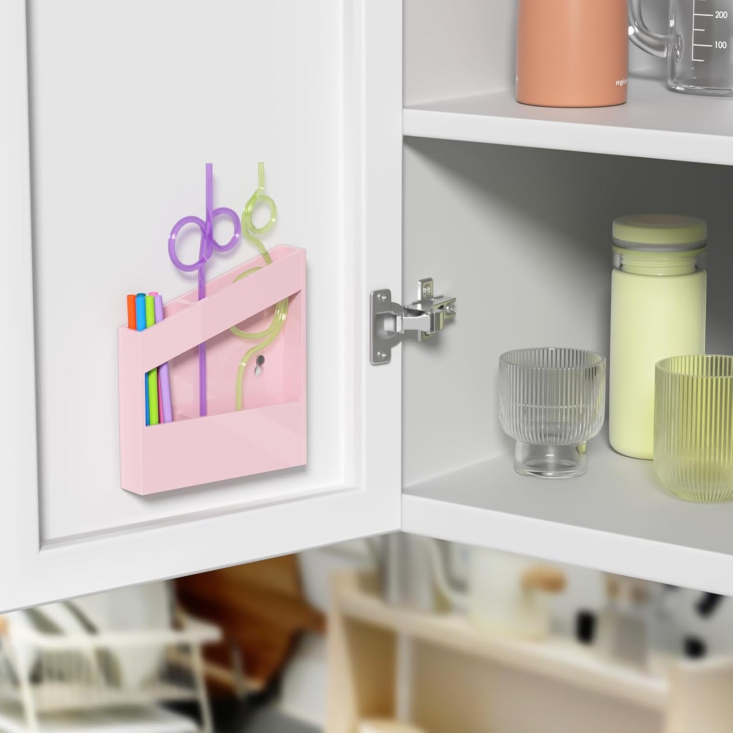 Acrylic Straw Holder for Cabinet - 9.5 Inch Clear Reusable Straw Organizer Dispenser with Ultra Sticky Adhesive Tapes, Slanted Kitchen Accessories Container Cupboard Door Mounted